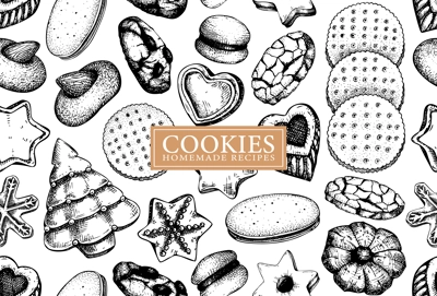 Bakery shop background design. Vector cookies seamless pattern. Italian pastry sketches. Cookies with almond, chocolate, jam, crackers, chips hand drawn illustrations for logo, print, banner, packages